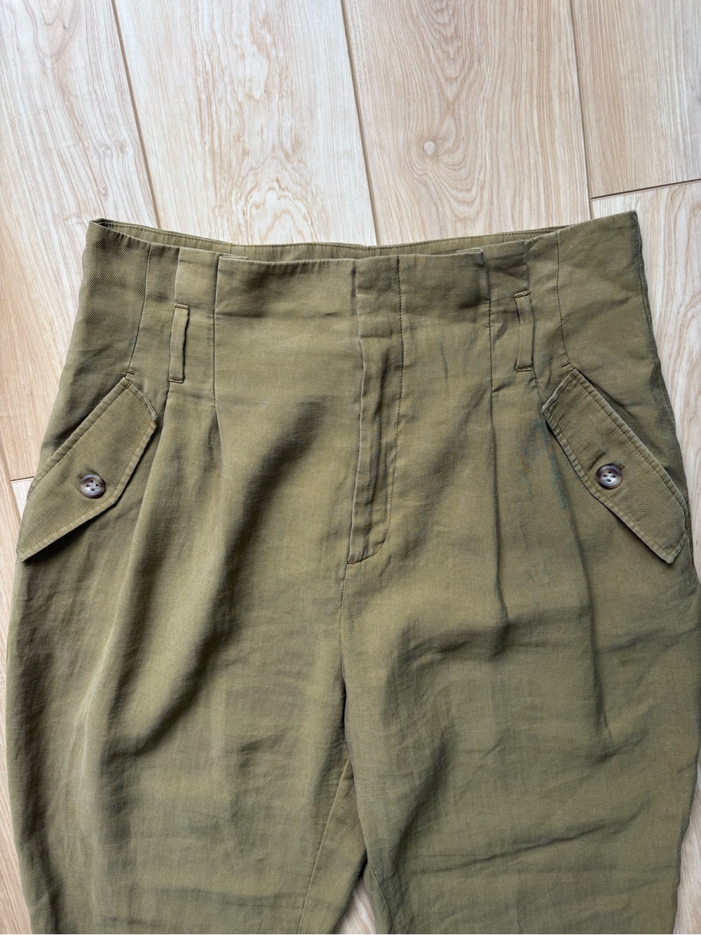 Khaki Green High Waist Baggy Utility Trousers Soft Drape Neutral